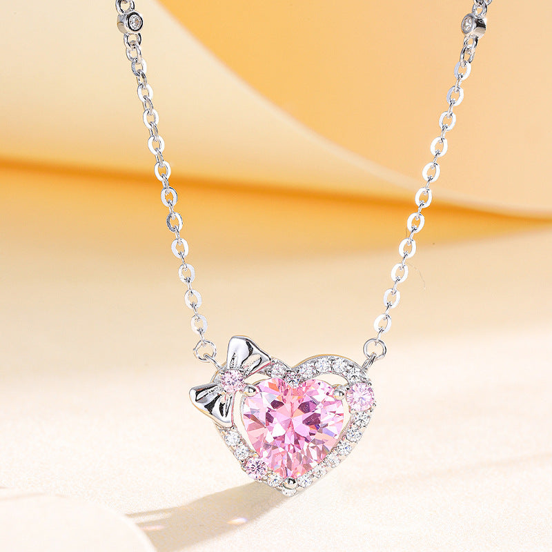Romantic Heart-Cut Pink Diamond Necklace – 925 Silver, White Gold Plated