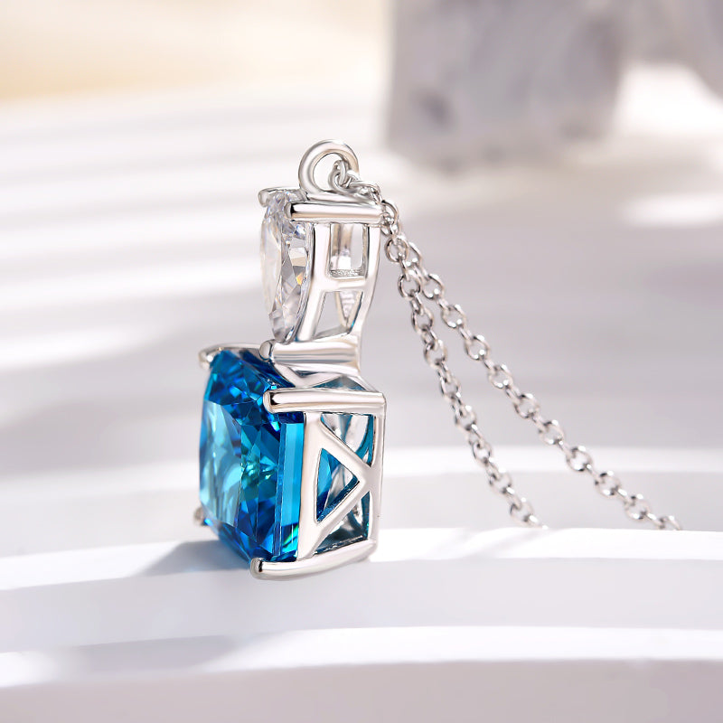 Radiant Cut Blue Sapphire Simulated Diamond Necklace in 18K White Gold