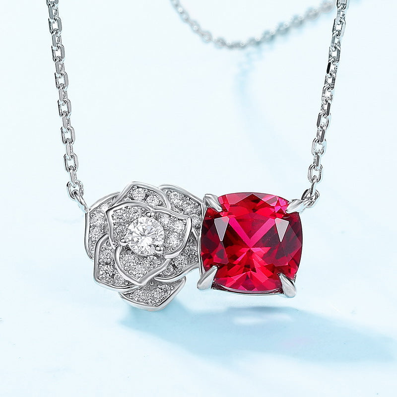925 Silver White Gold Plated 8mm Cushion Ruby Pendant Necklace
