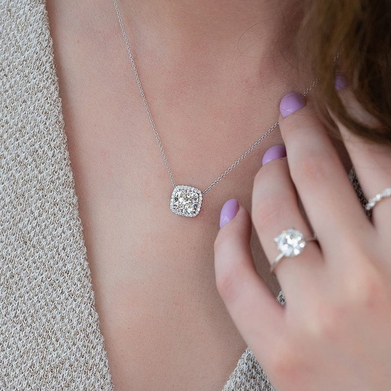Elegant Cushion Cut Simulated Diamond Necklace in 18K White Gold Plated Silver