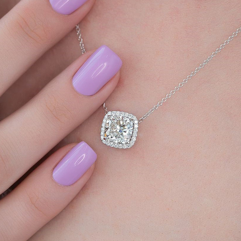 Elegant Cushion Cut Simulated Diamond Necklace in 18K White Gold Plated Silver
