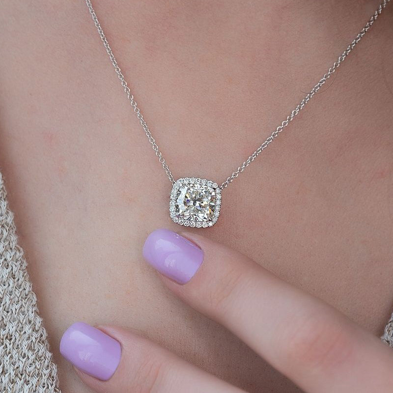Elegant Cushion Cut Simulated Diamond Necklace in 18K White Gold Plated Silver