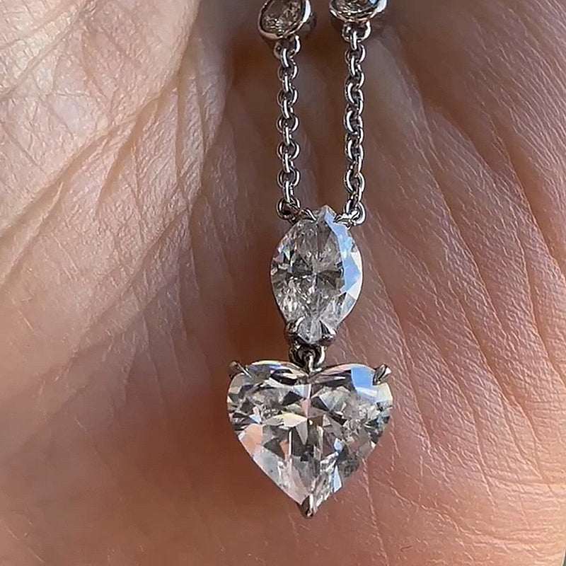 Romantic Heart-Cut Diamond Necklace – 925 Silver, 18K White Gold
