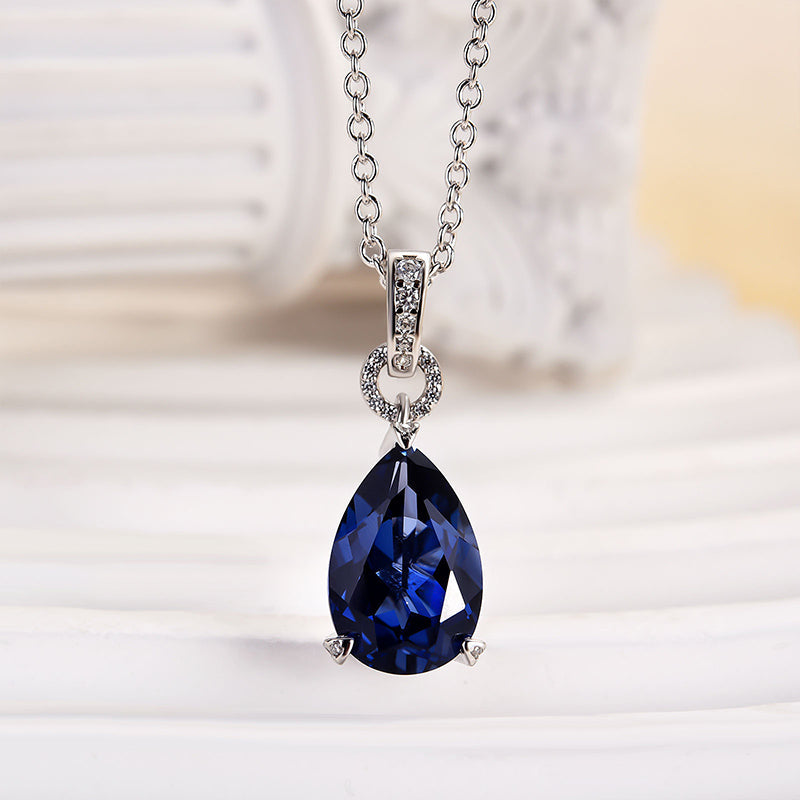 Elegant Pear-Cut Blue Sapphire Necklace – 925 Silver, 18K Gold Plated