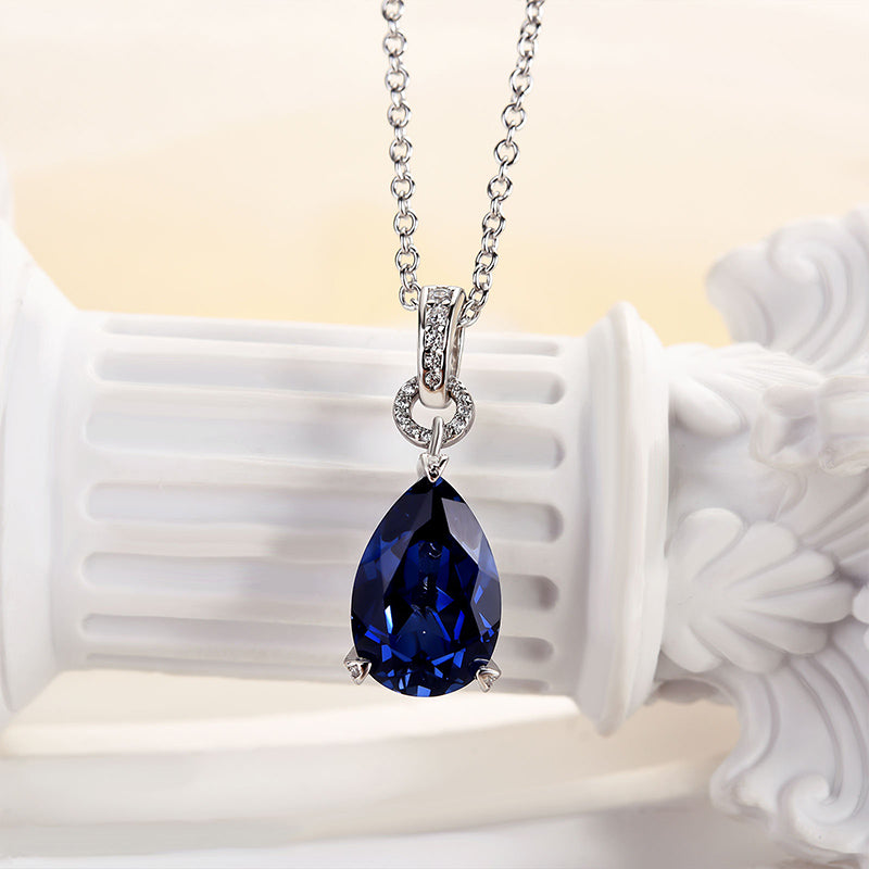 Elegant Pear-Cut Blue Sapphire Necklace – 925 Silver, 18K Gold Plated