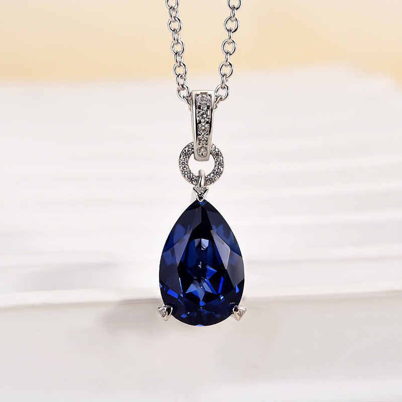 Elegant Pear-Cut Blue Sapphire Necklace – 925 Silver, 18K Gold Plated