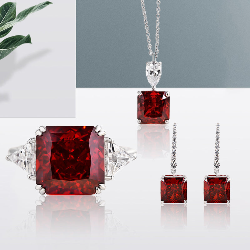 Exquisite 925 Sterling Silver Jewelry Set with Radiant Cut Ruby & Simulated Diamonds