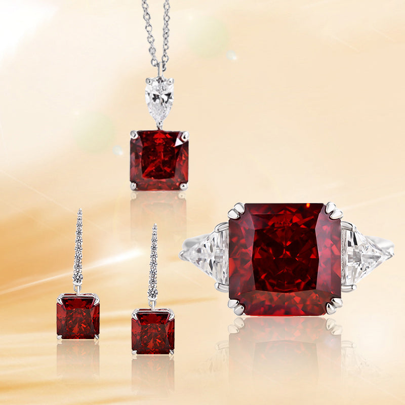 Exquisite 925 Sterling Silver Jewelry Set with Radiant Cut Ruby & Simulated Diamonds