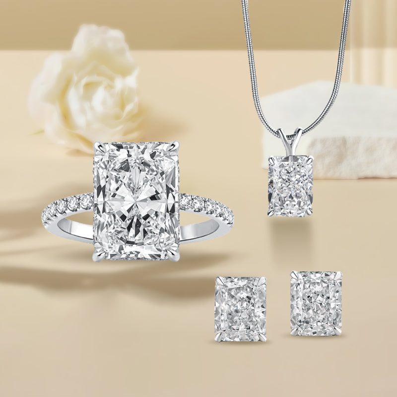 Radiant Cut Simulated Diamond Jewelry Set in Sterling Silver & White Gold