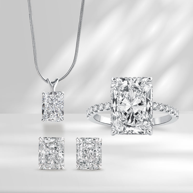 Radiant Cut Simulated Diamond Jewelry Set in Sterling Silver & White Gold