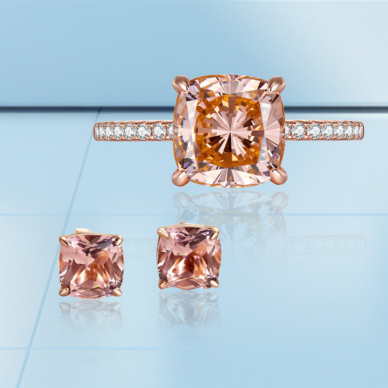 Morganite Pink Simulated Diamond Jewelry Set in Sterling Silver & Rose Gold