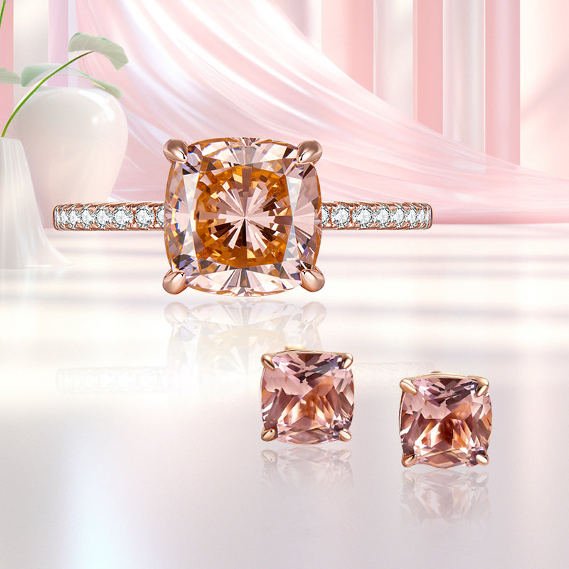 Morganite Pink Simulated Diamond Jewelry Set in Sterling Silver & Rose Gold