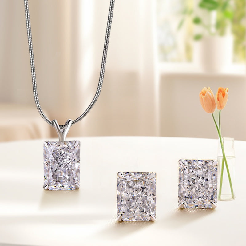 White Gold Plated Sterling Silver Jewelry Set with Radiant Cut Simulated Diamonds
