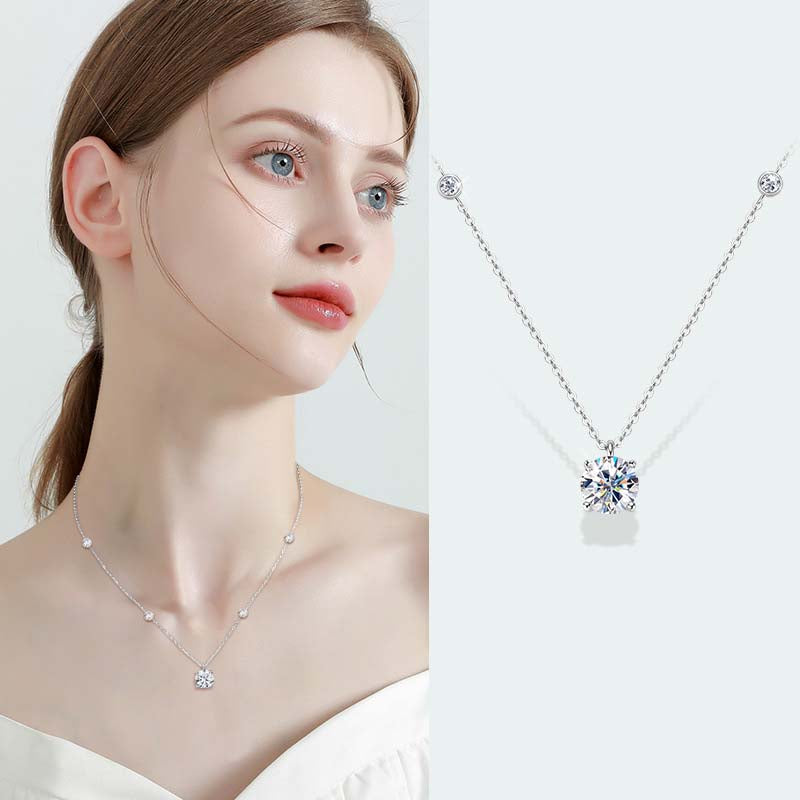 2.0 CaratRound Moissanite Necklace in 18K White Gold Plated Sterling Silver