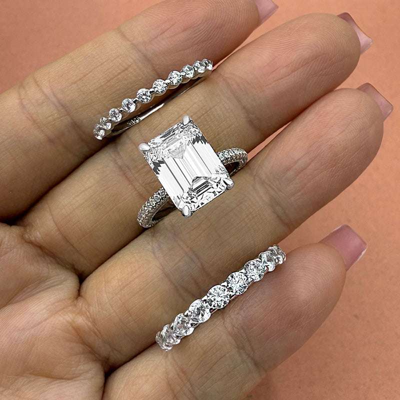 3pcs silver Wedding Set with Radiant Cut Gemstone