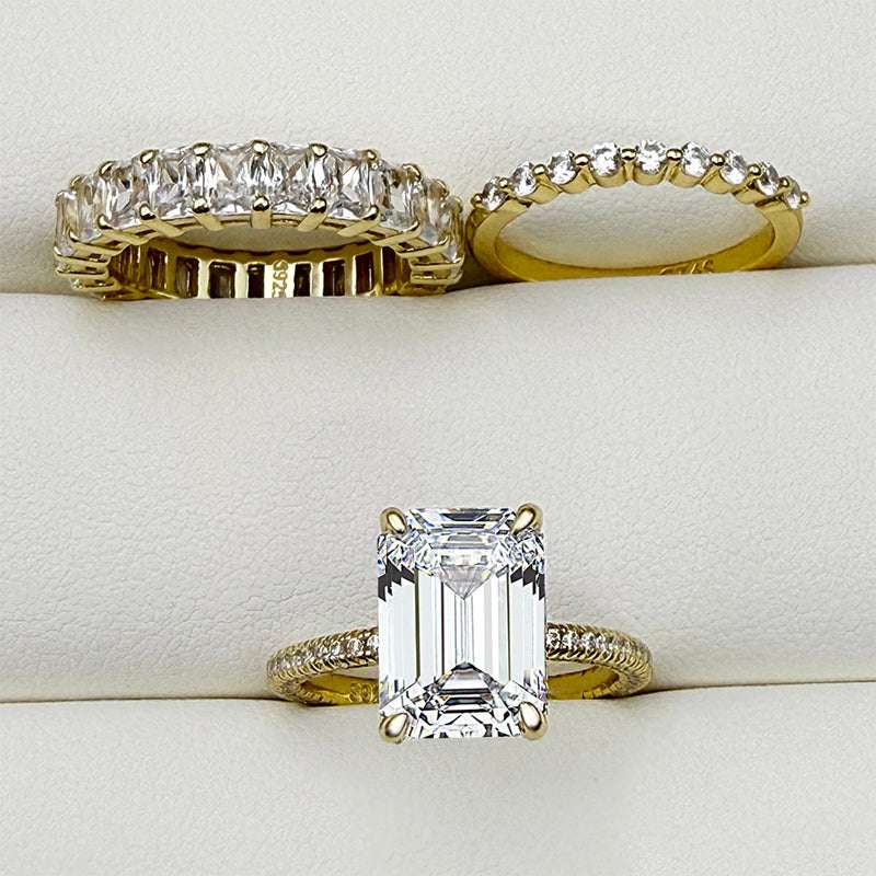 3pcs silver Wedding Set with Radiant Cut Gemstone