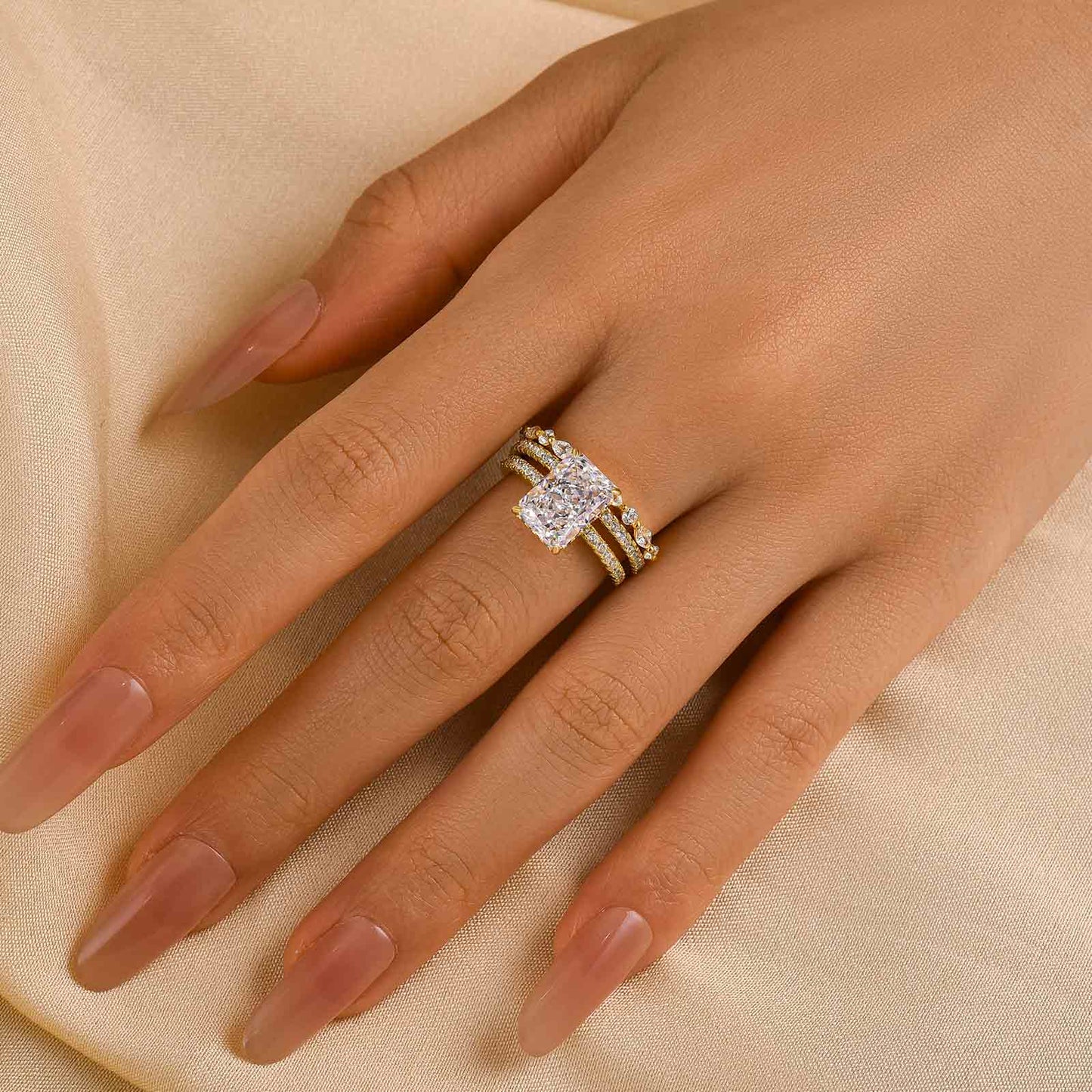 3.3Ct Radiant Cut Simulated Diamond 3PCS Wedding Set, White & Yellow Gold Plated