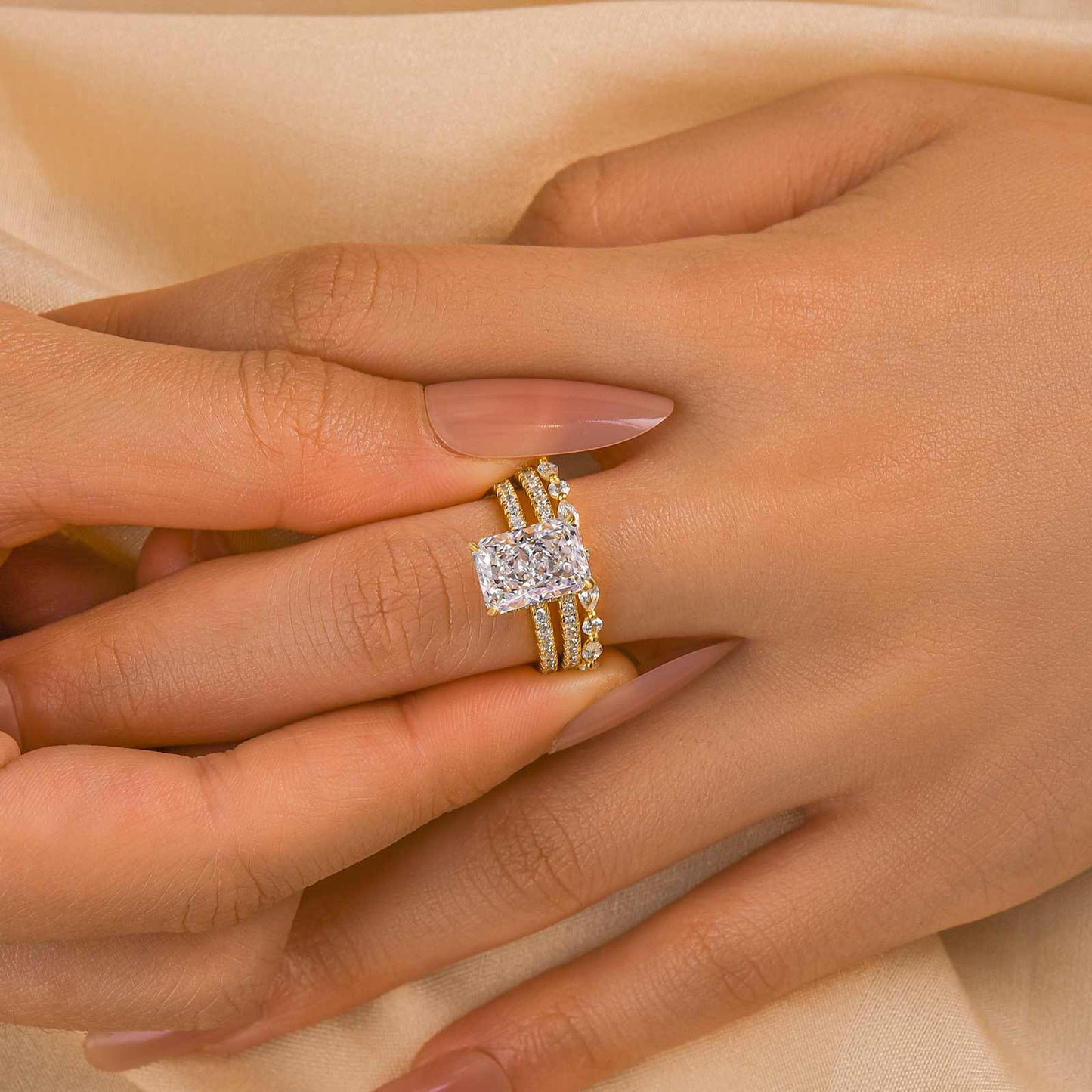 3.3Ct Radiant Cut Simulated Diamond 3PCS Wedding Set, White & Yellow Gold Plated