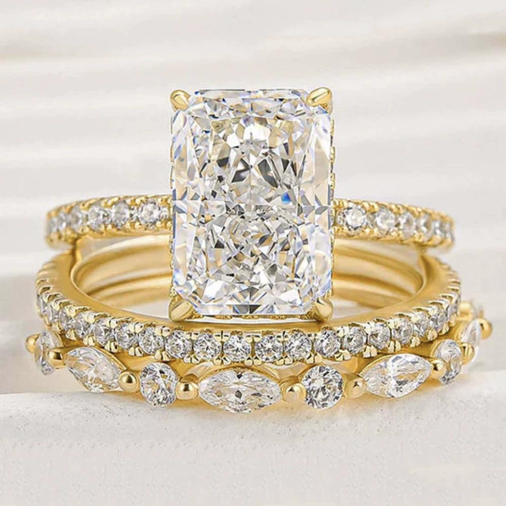 3.3Ct Radiant Cut Simulated Diamond 3PCS Wedding Set, White & Yellow Gold Plated