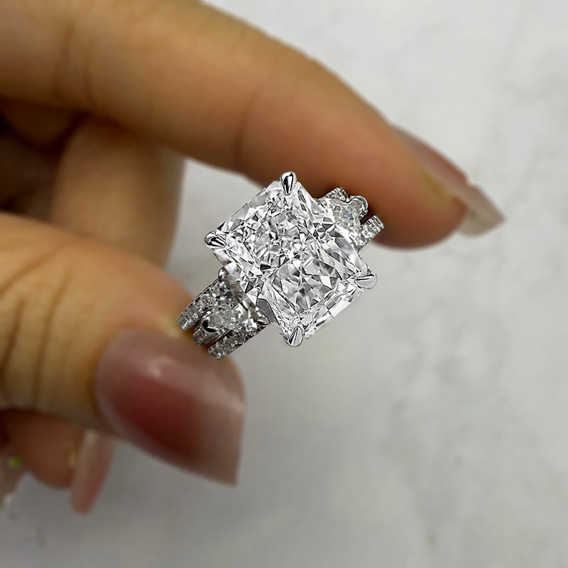 Silver Wedding Set with 5.0 Carat Radiant Cut 3pcs Gemstone