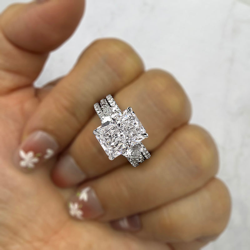 Silver Wedding Set with 5.0 Carat Radiant Cut 3pcs Gemstone