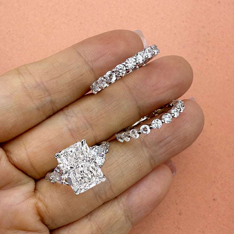 3pcs silver Wedding Set with Radiant Cut Gemstone