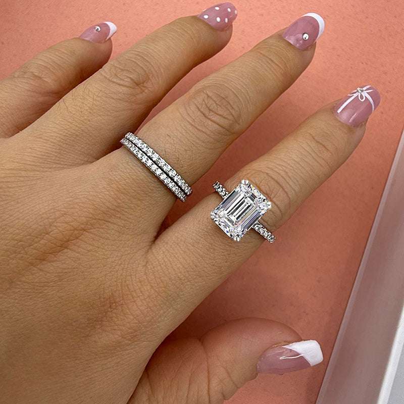 3pcs silver Wedding Set with Radiant Cut Gemstone