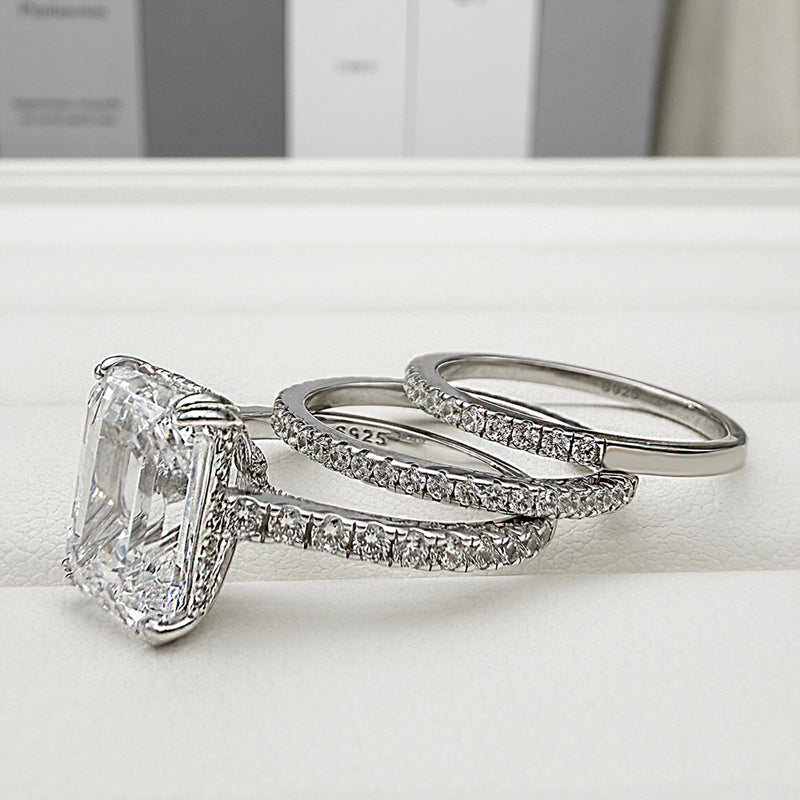 Silver 3pcs Wedding Set with 4.5 Carat Radiant Cut Gemstone