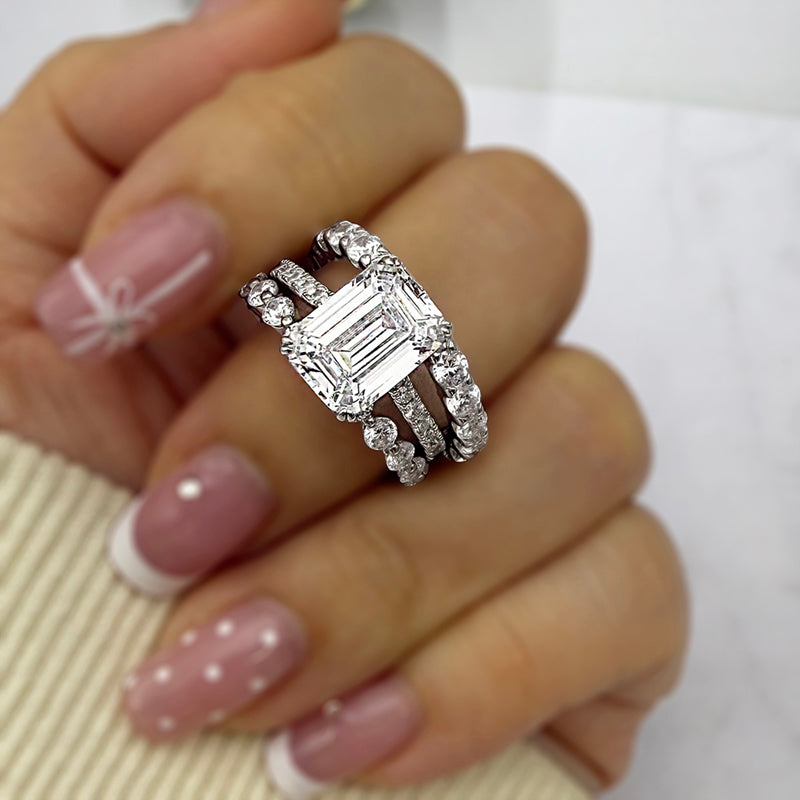 Silver Wedding Set with 4.5 Carat Radiant Cut 3 pcs Gemstone