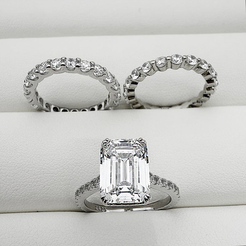 Silver Wedding Set with 4.5 Carat Radiant Cut 3 pcs Gemstone