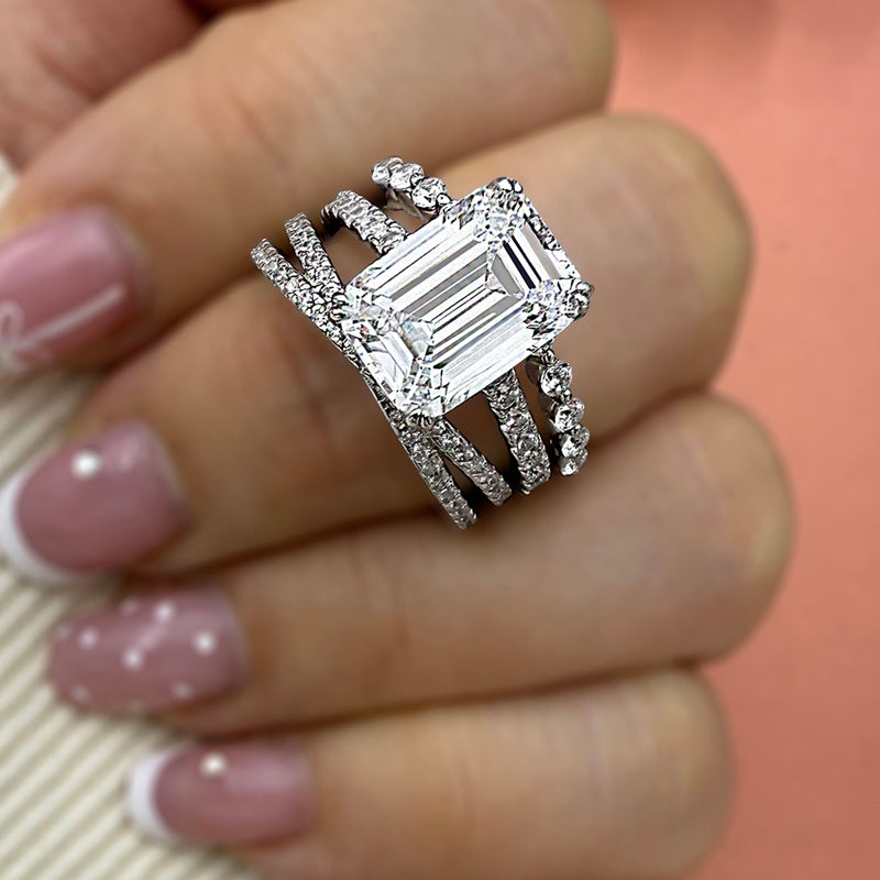 3pcs silver Wedding Set with 4.5 Carat Radiant Cut Gemstone