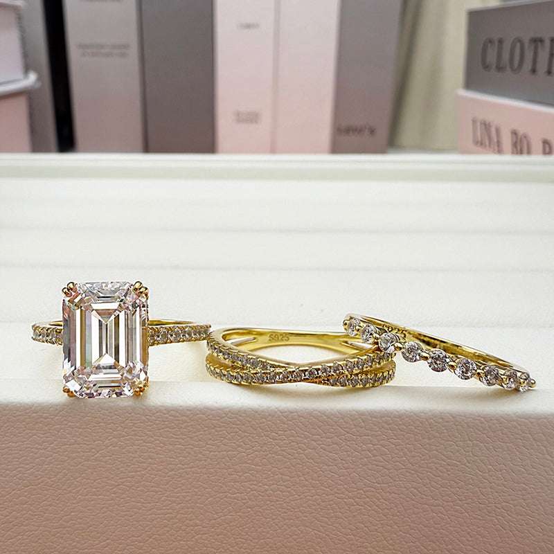 3pcs silver Wedding Set with Radiant Cut Gemstone