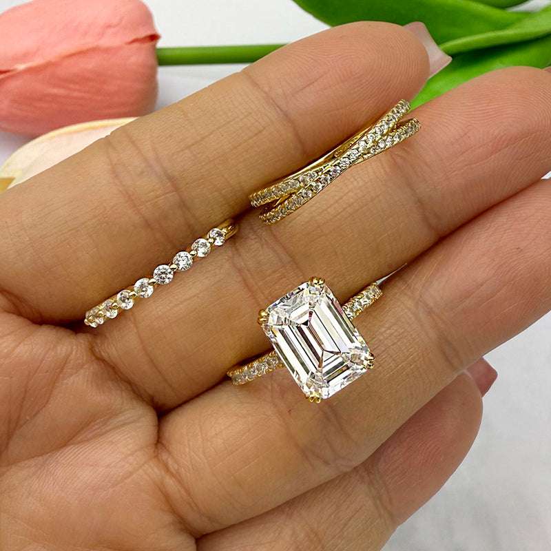 3pcs silver Wedding Set with Radiant Cut Gemstone