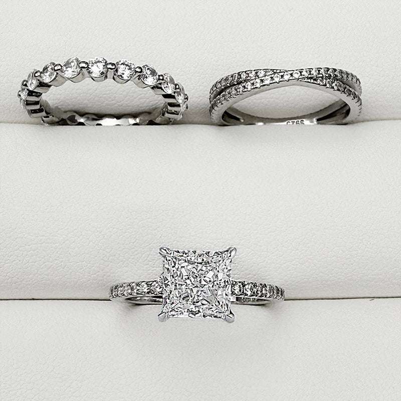 3pcs silver Wedding Set with Princess Cut Gemstone
