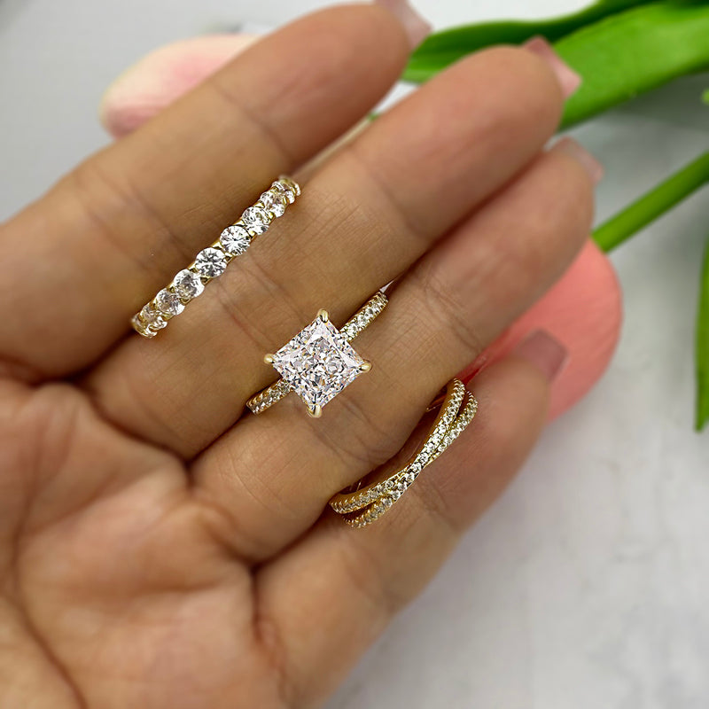 3pcs Silver Wedding Set with 2.0 Carat Princess Cut Gemstone