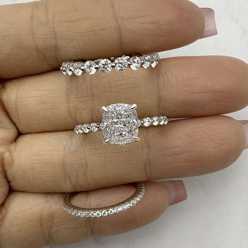 3pcs silver Wedding Set with Cushion Cut Gemstone