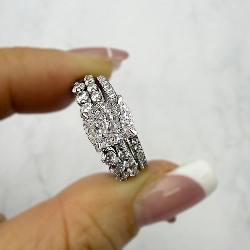Silver Wedding Set with 2.0 Carat Cushion Cut 3pcs Gemstone
