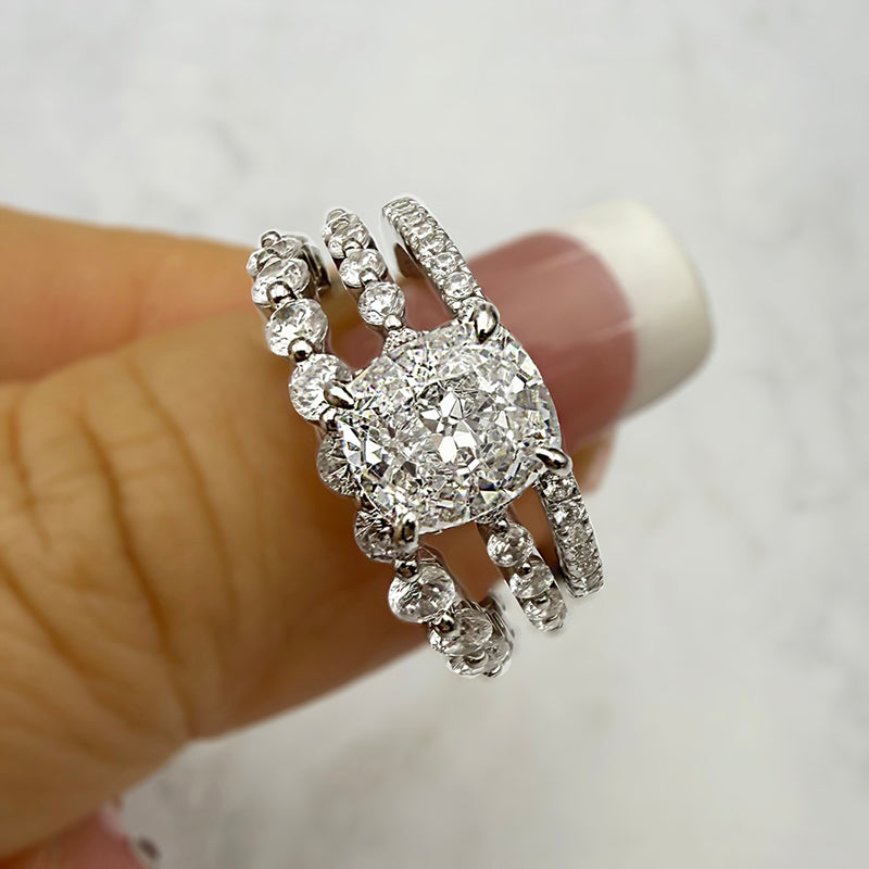 Silver Wedding Set with 2.0 Carat Cushion Cut 3pcs Gemstone
