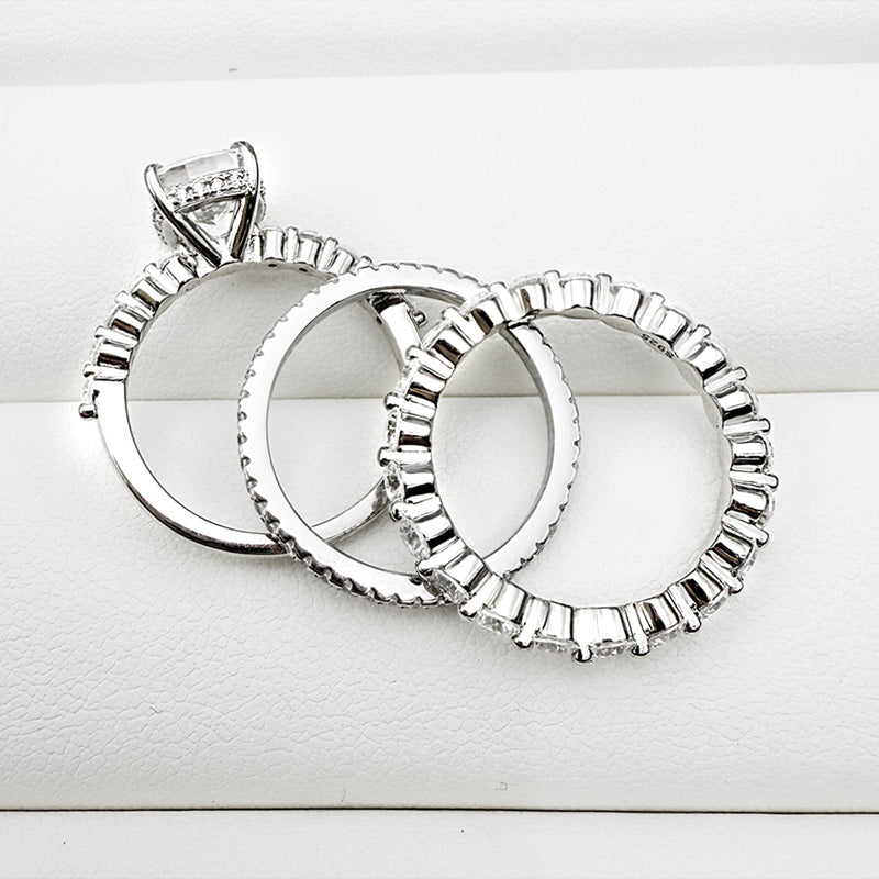 Silver Wedding Set with 2.0 Carat Cushion Cut 3pcs Gemstone