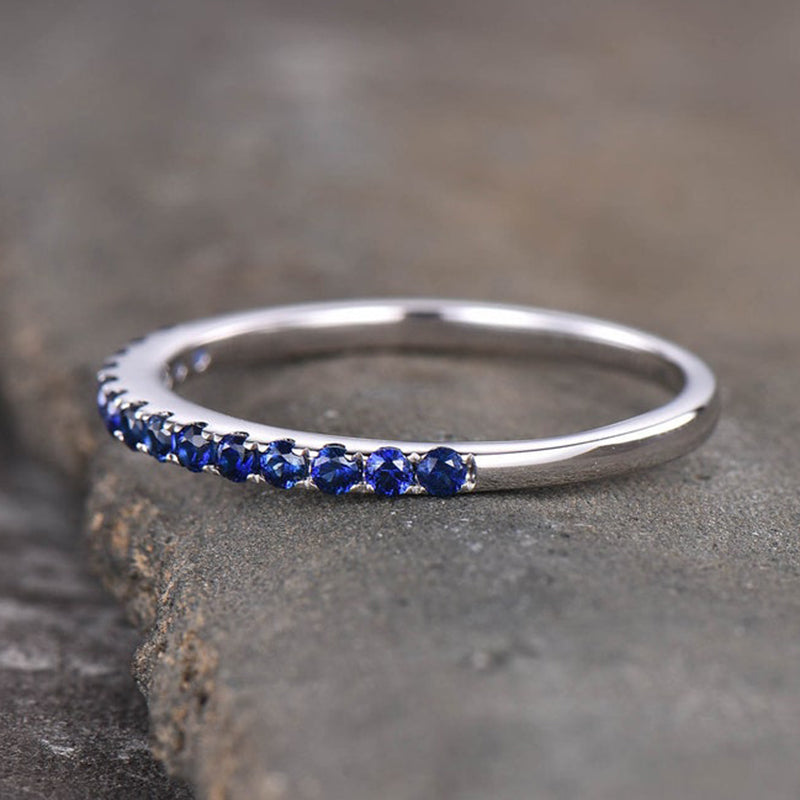925 Sterling Silver 18K White Gold 0.3CT Blue Sapphire Ring 1.7mm Band
