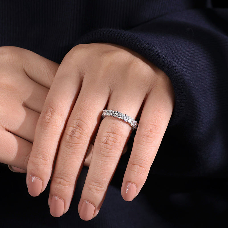 2.5Ct Emerald Cut Eternity Band 925 Silver White/Yellow Gold