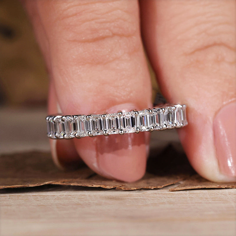 2.5Ct Emerald Cut Eternity Band 925 Silver White/Yellow Gold