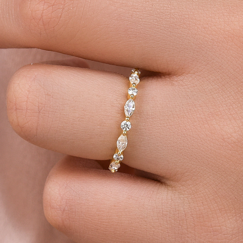 0.55Ct Marquise-Round Moissanite Band - Platinum Plated Gold
