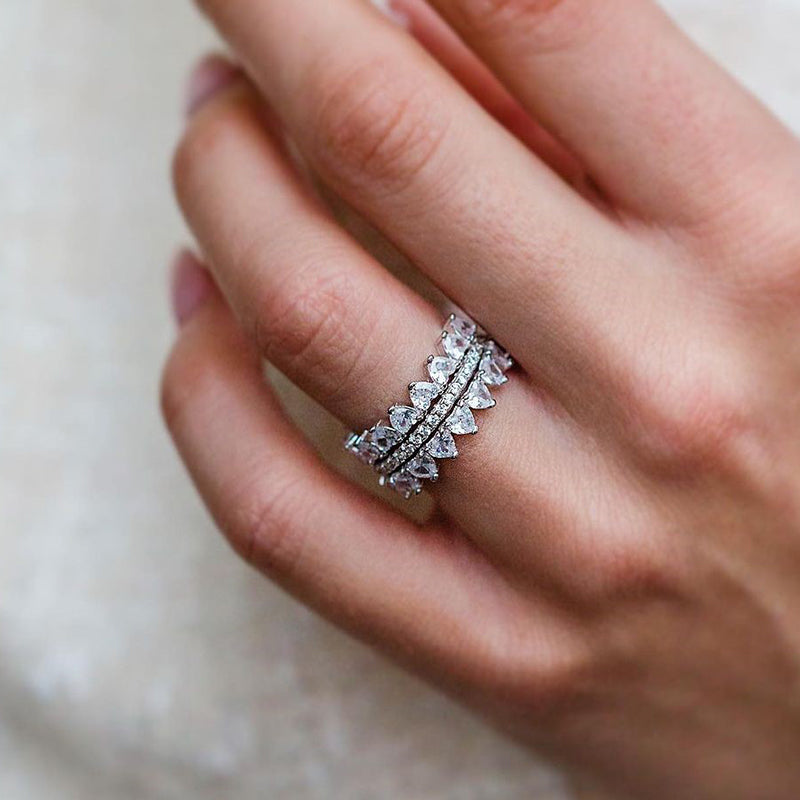 Timeless Love Wedding Band - 925 Silver, Heart & Round Cut Simulated Diamonds