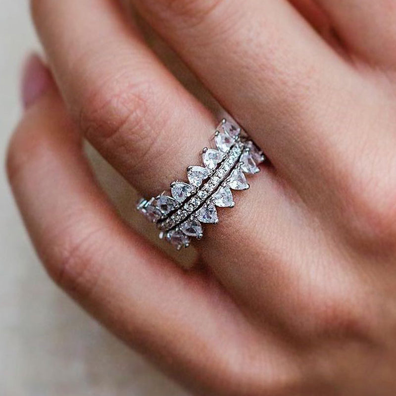 Timeless Love Wedding Band - 925 Silver, Heart & Round Cut Simulated Diamonds