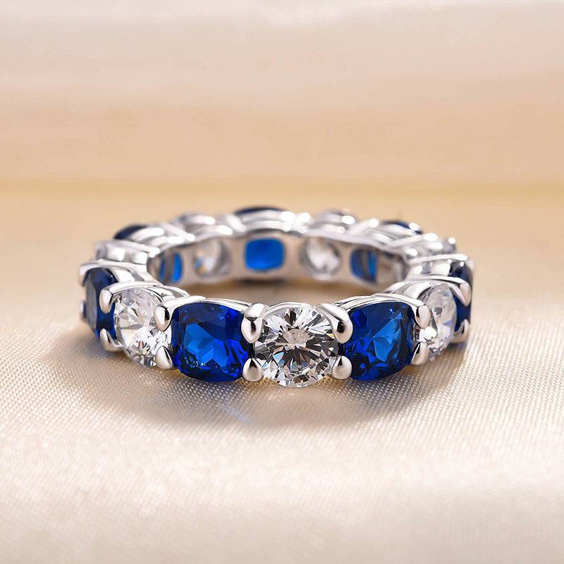8.0Ct Blue & White Sapphire Wedding Band - 18K White Gold Plated