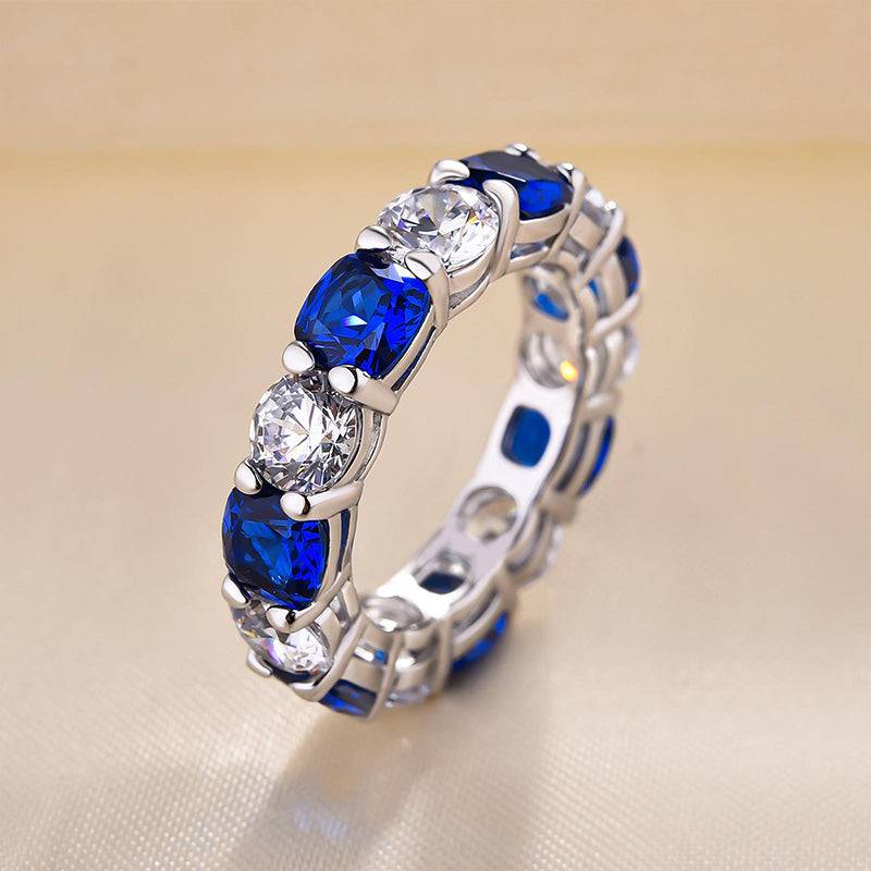 8.0Ct Blue & White Sapphire Wedding Band - 18K White Gold Plated