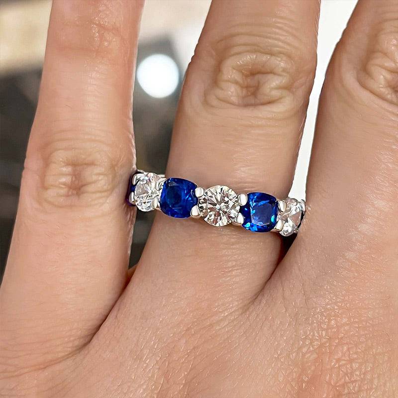 8.0Ct Blue & White Sapphire Wedding Band - 18K White Gold Plated