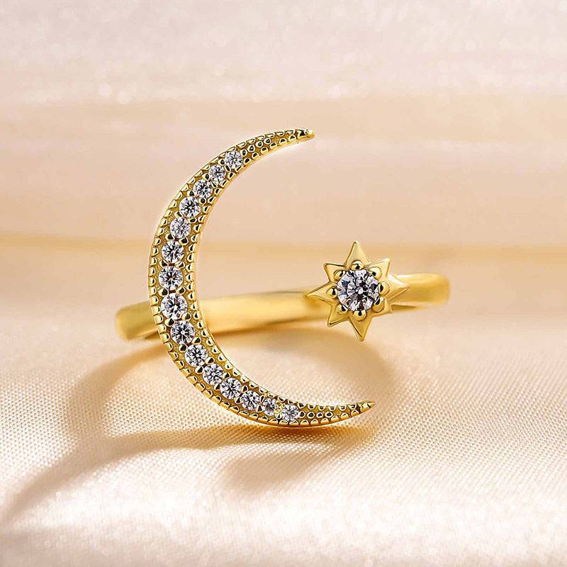 Anillo de media luna y estrella - Diamantes simulados de 0,3 ct, plata 925