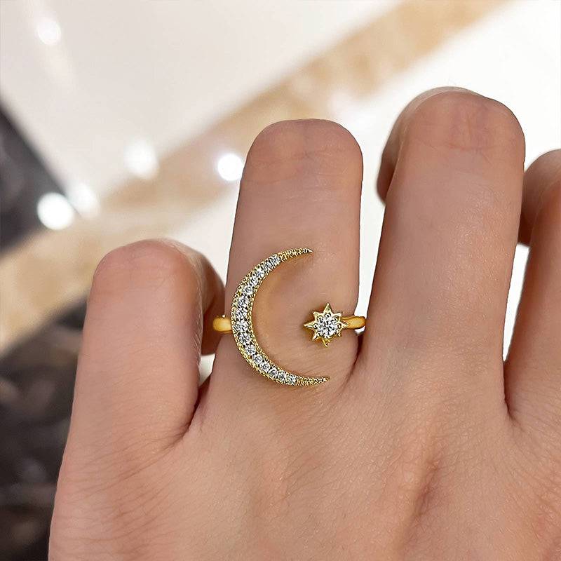 Anillo de media luna y estrella - Diamantes simulados de 0,3 ct, plata 925